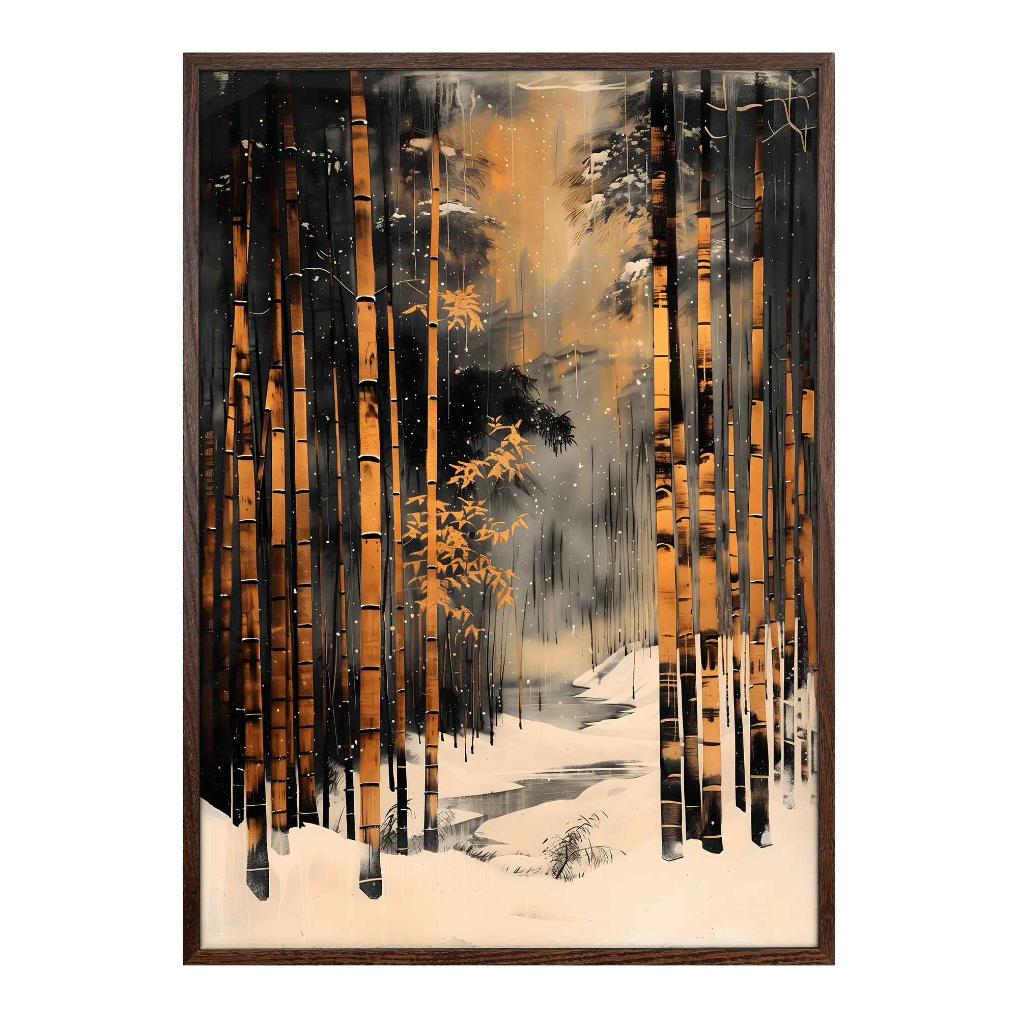 japanese wall art print Bamboo in the Snow dark wood framed