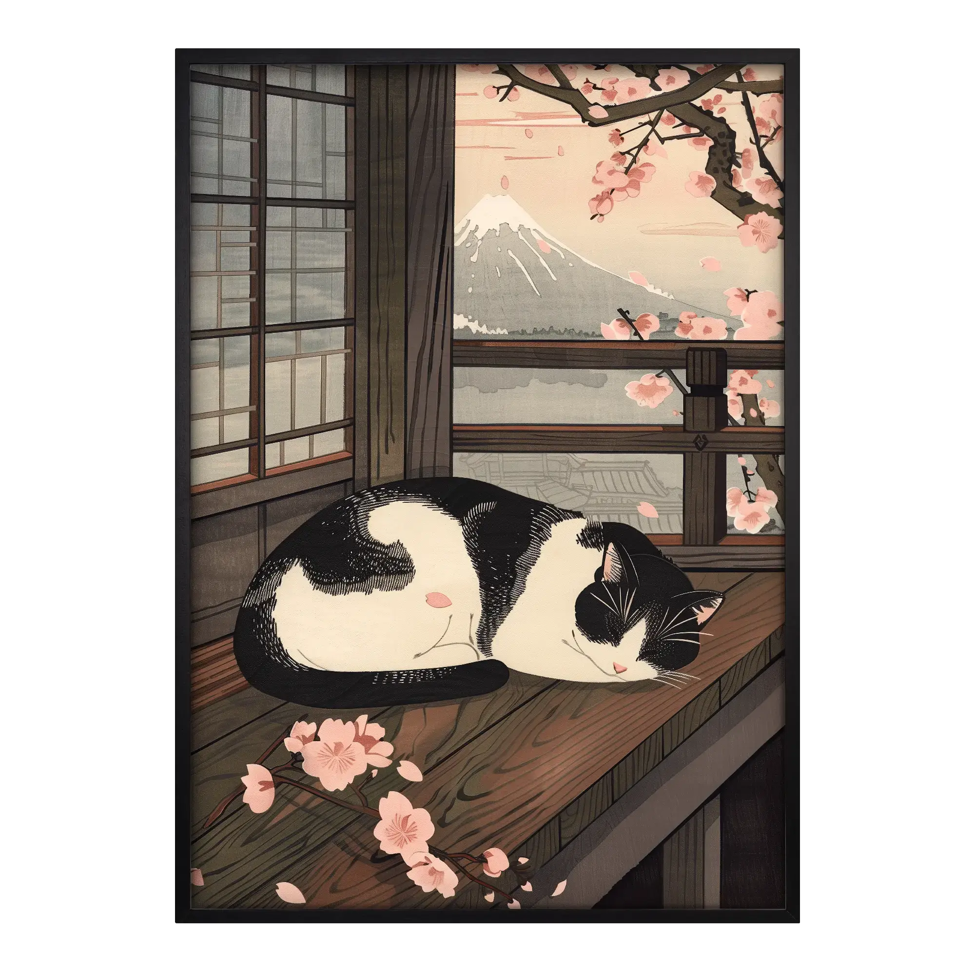 Japanese art print Sleeping Cat in Spring in a black wood frame