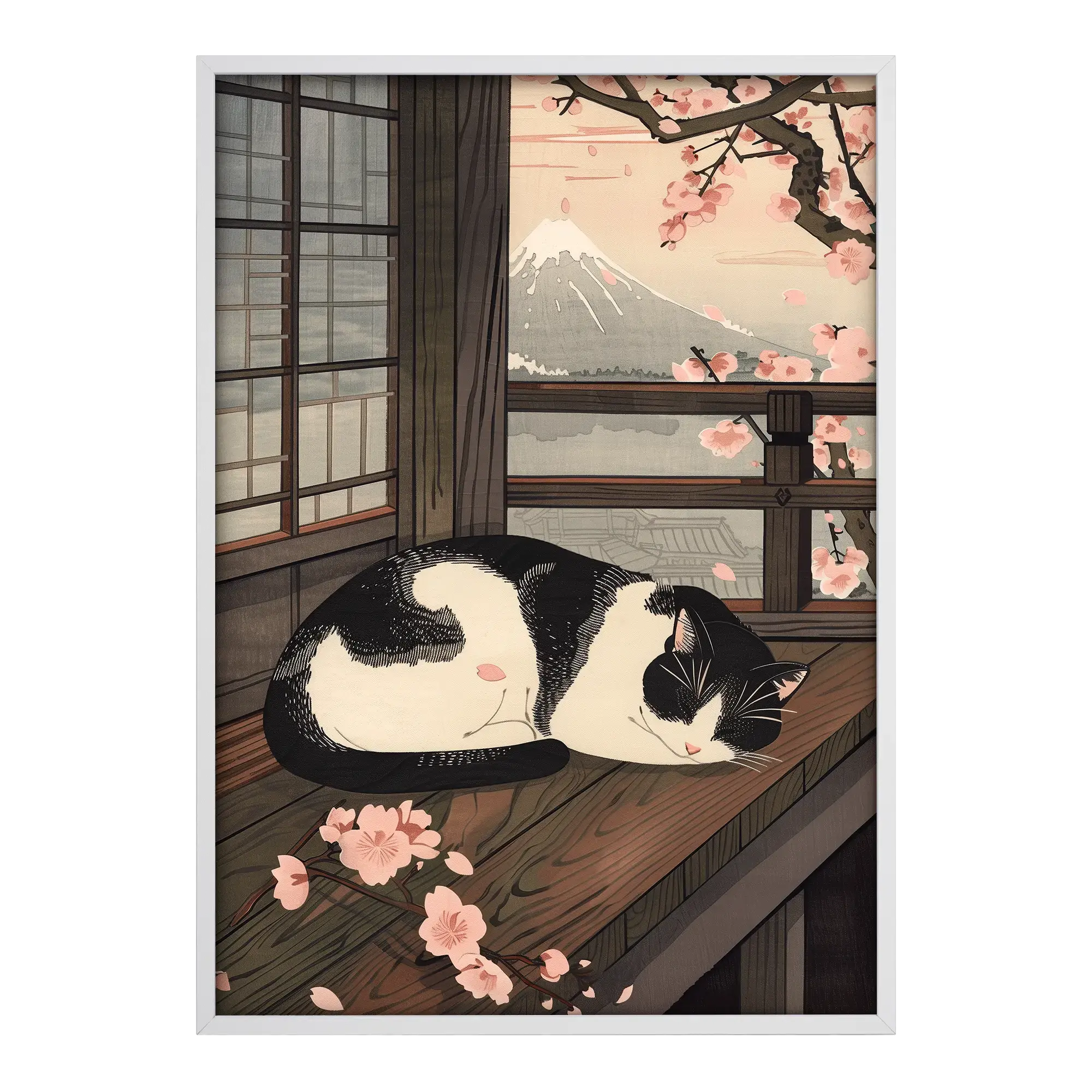 Japanese art print Sleeping Cat in Spring in a white wood frame