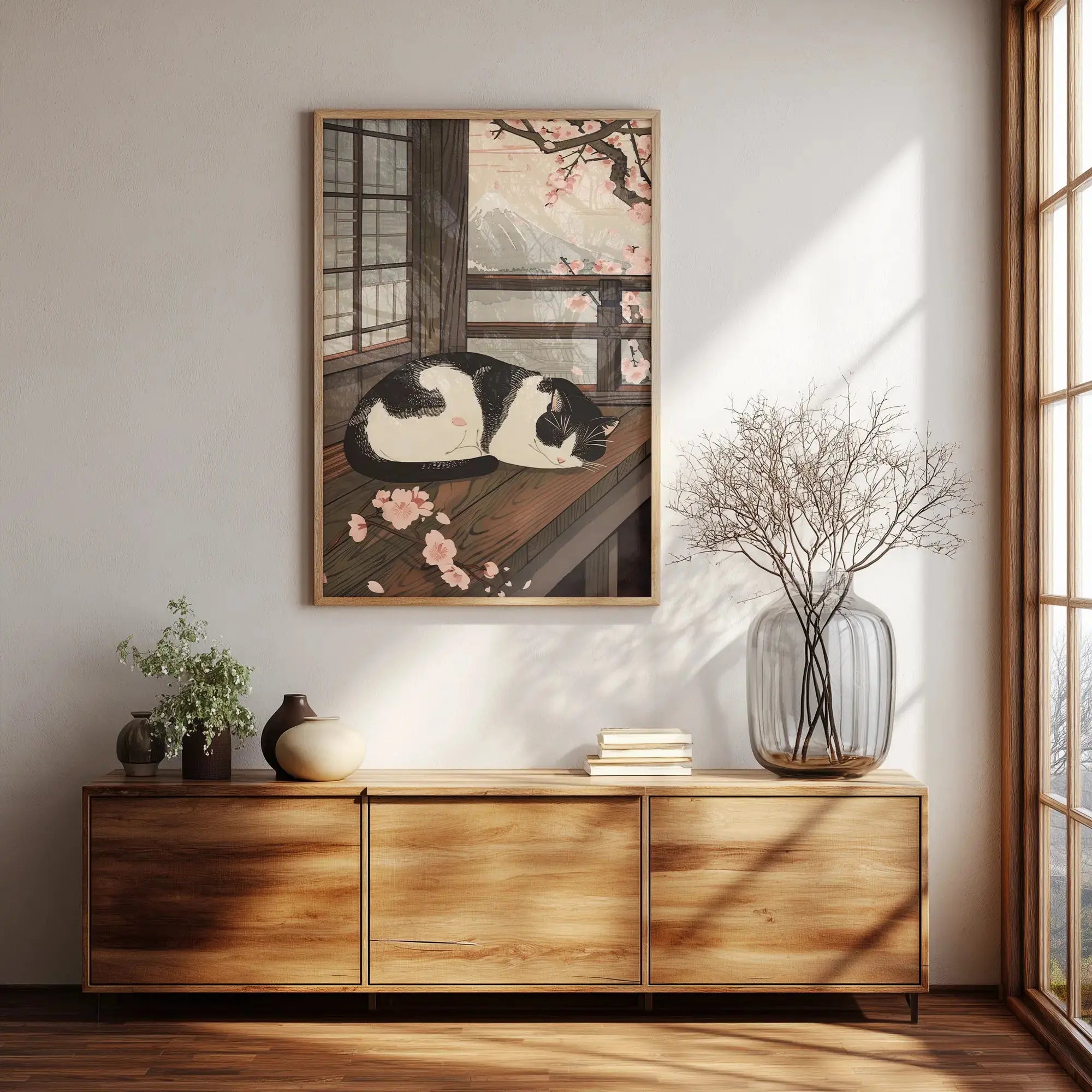 Sleeping Cat in Spring Japanese art print in a natural wood frame hanging on the wall above a sideboard next to a window