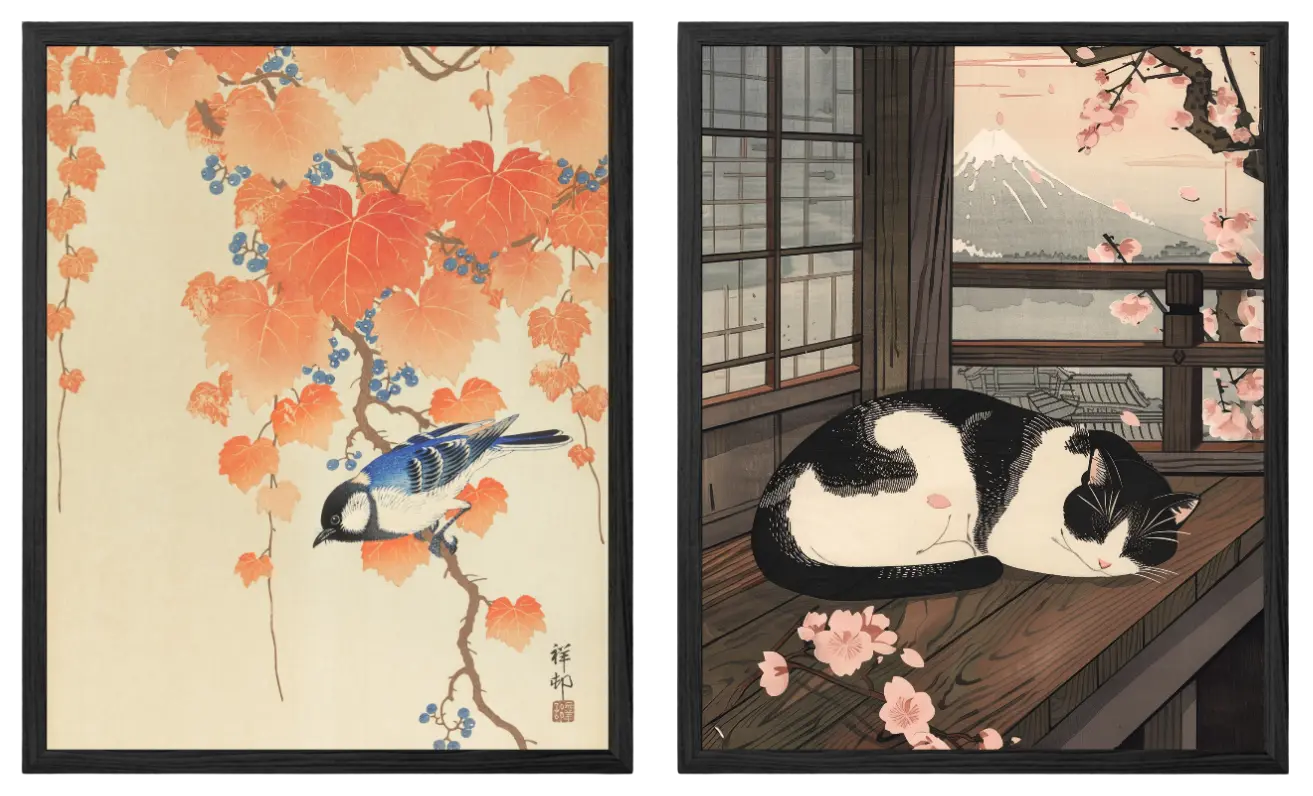 Bird on Branch x Sleeping Cat in Spring Artelo