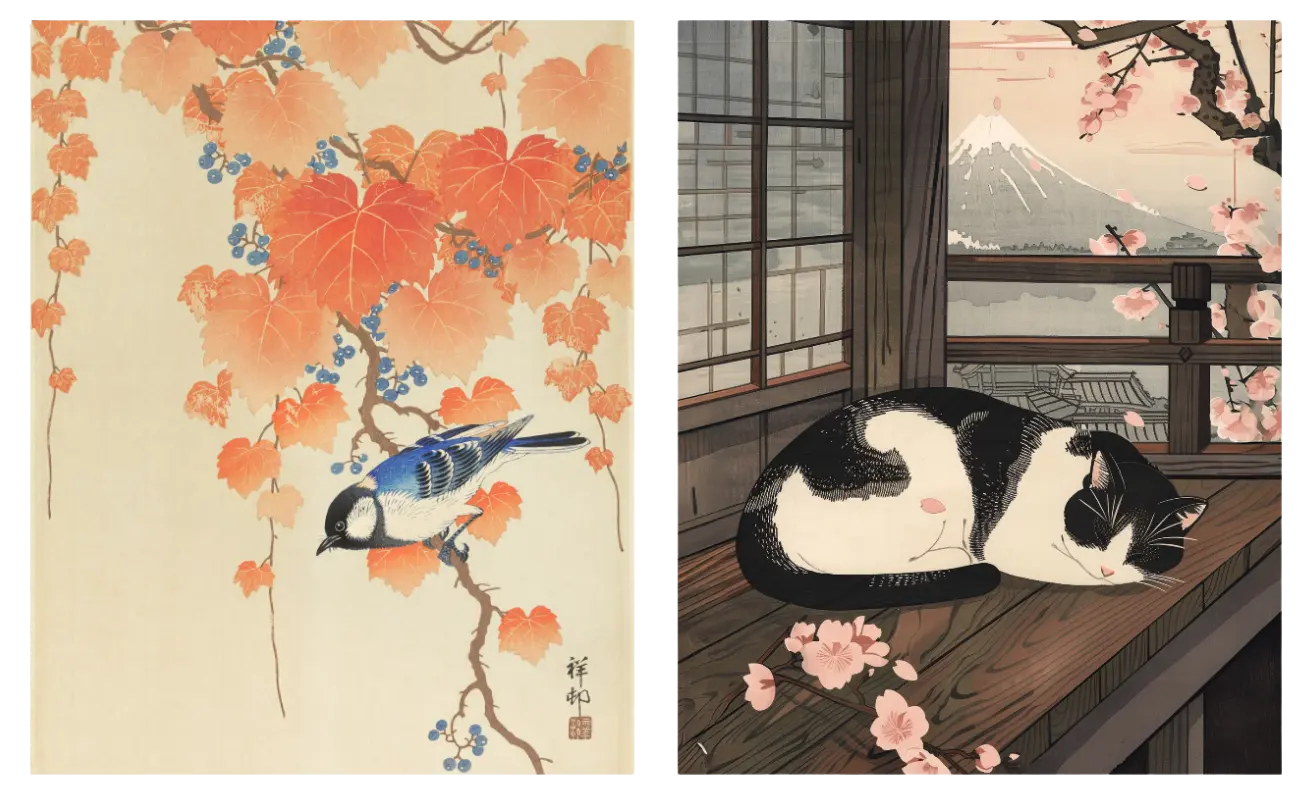 Bird on Branch x Sleeping Cat in Spring Artelo