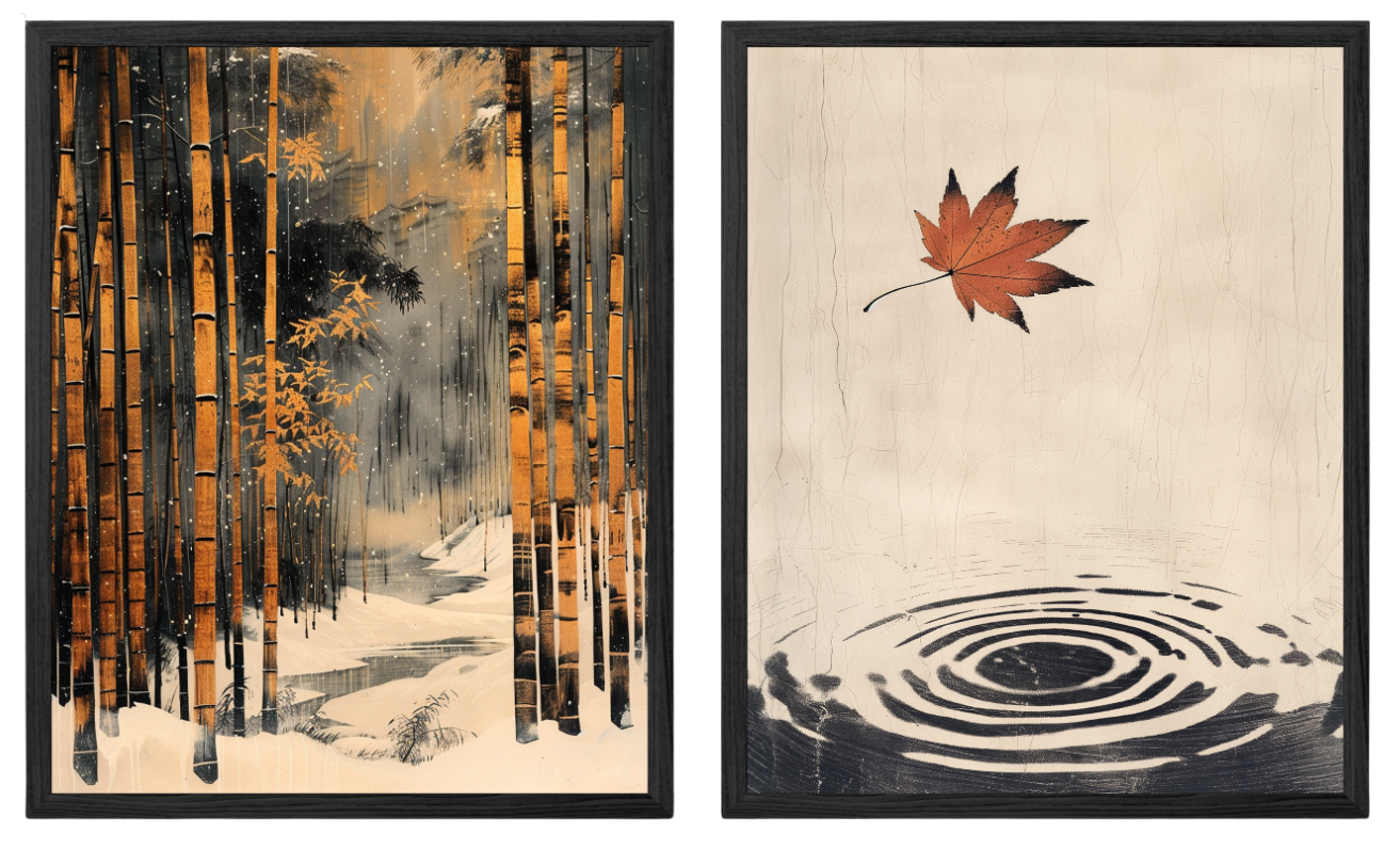 Bamboo in Snow x Falling Maple Leaf