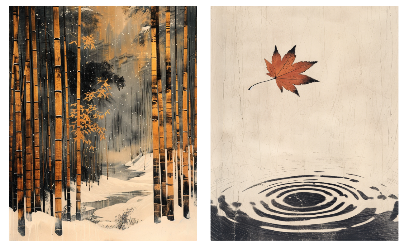 Bamboo in Snow x Falling Maple Leaf