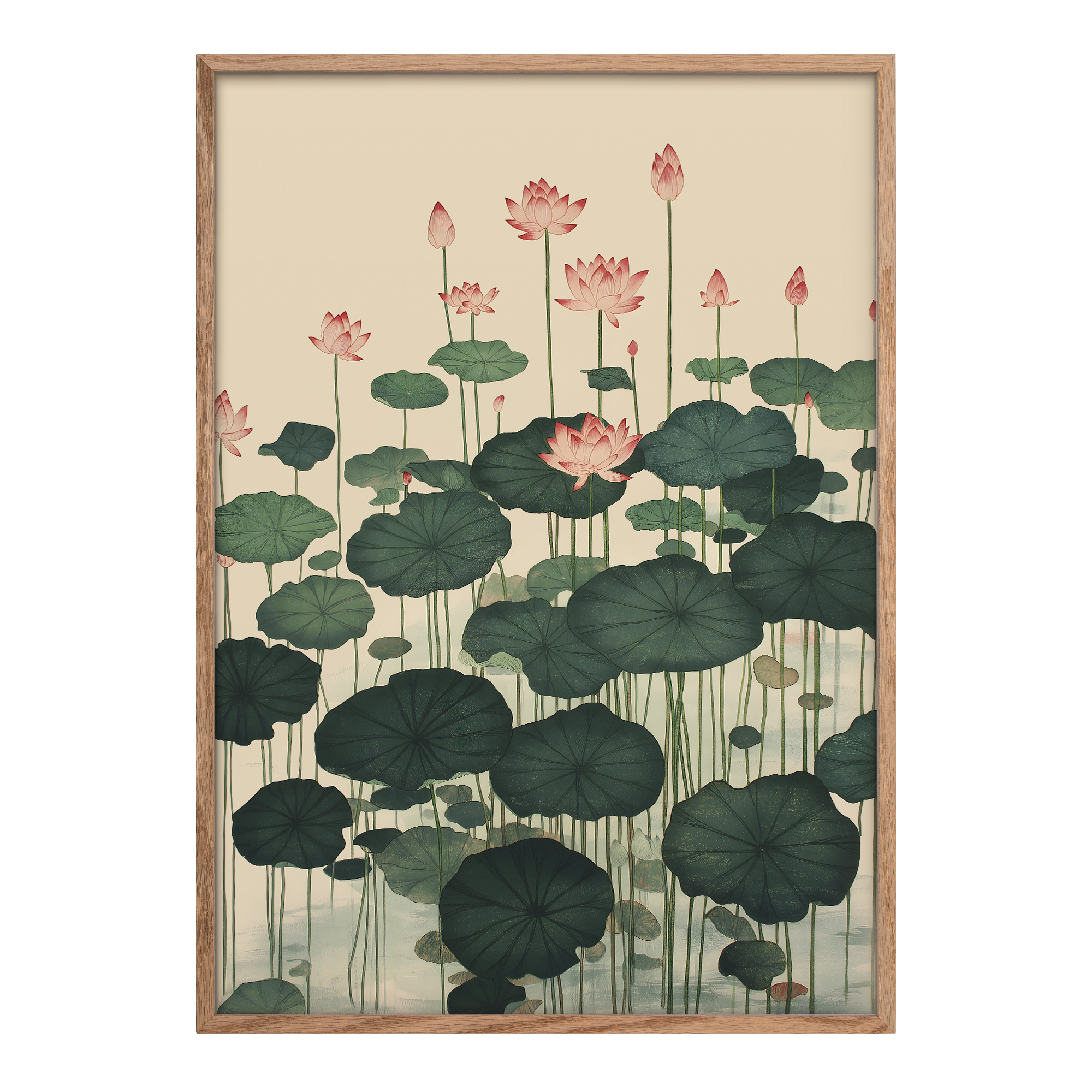 Japanese lotus flower wall art print in a natural wood frame