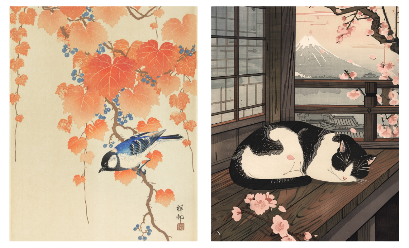 Bird on Branch x Sleeping Cat in Spring